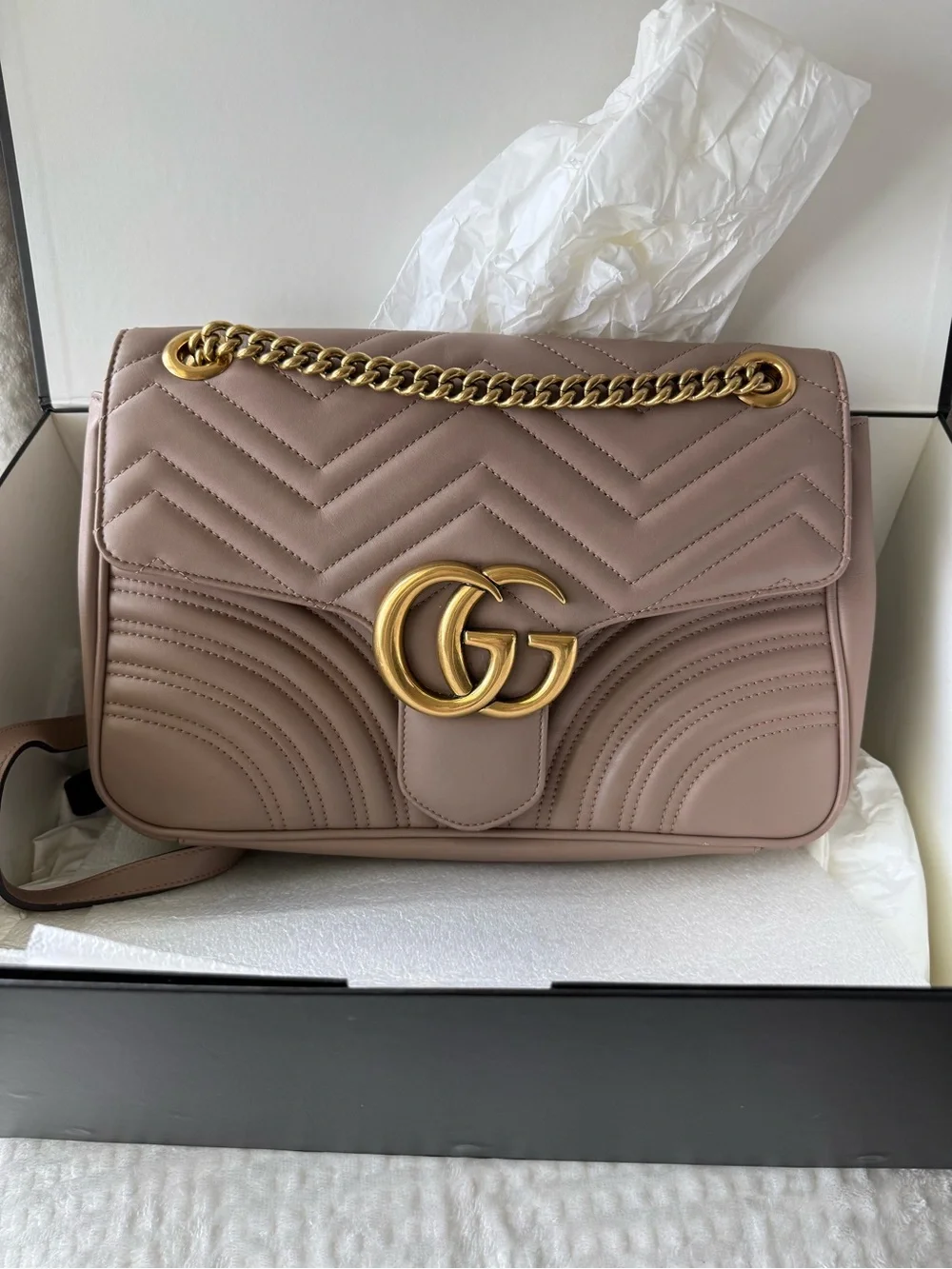 Authentic Gucci GG Marmont Medium Matelassé Shoulder Bag taupe FULL SET flap bag - Picture 2 of 16